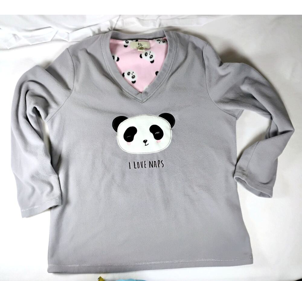 Womens M Panda Fleece Pajama Top V Neck Cozy Loungewear Gray